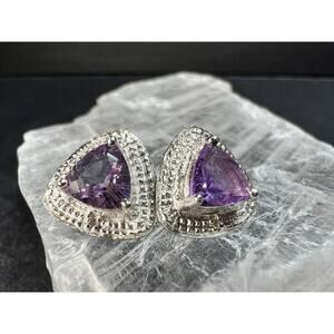 New Sterling Silver Trillion Amethyst Studs w Diamond Accents